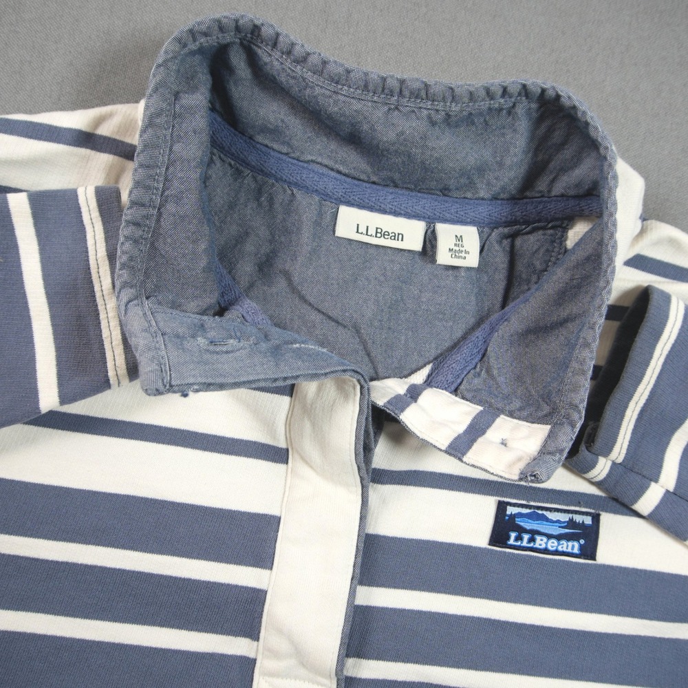 L.L.Bean Striped Button Collar Women Sweatshirt M Sailing Boat Nautical Coastal